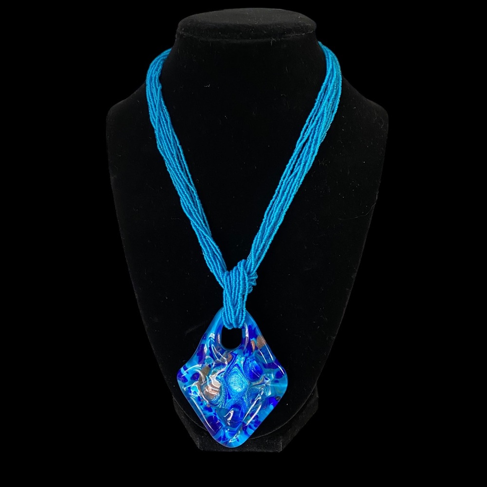 MURANO Italy Large Pendant 925 Sterling & 24K Gold Leaf on Beaded Glass Necklace